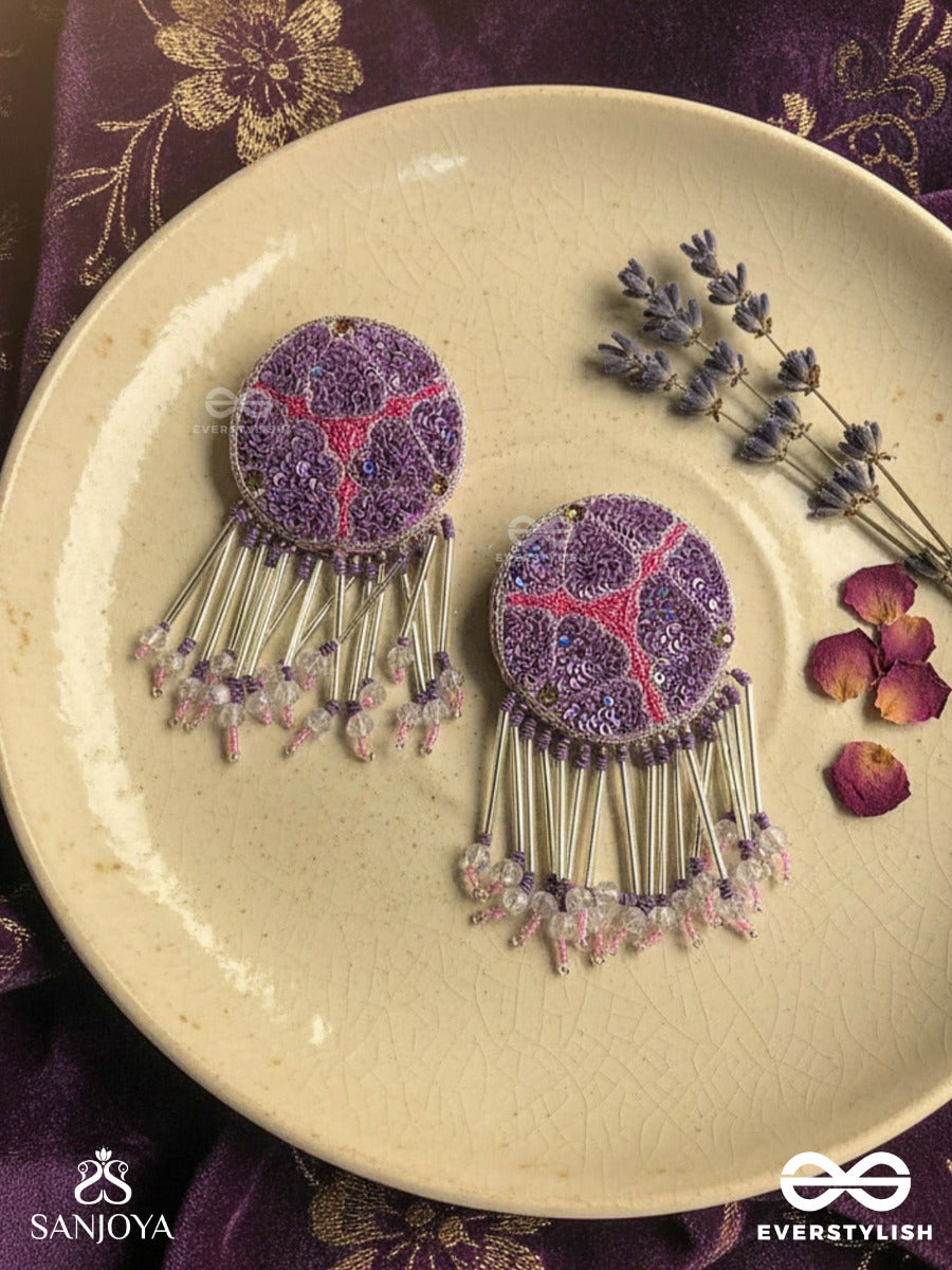 Misraka - The Garden Of Paradise - Sequins, Resham And Beads Hand Embroidered Earrings (Amethyst Purple & Fuchsia Pink)