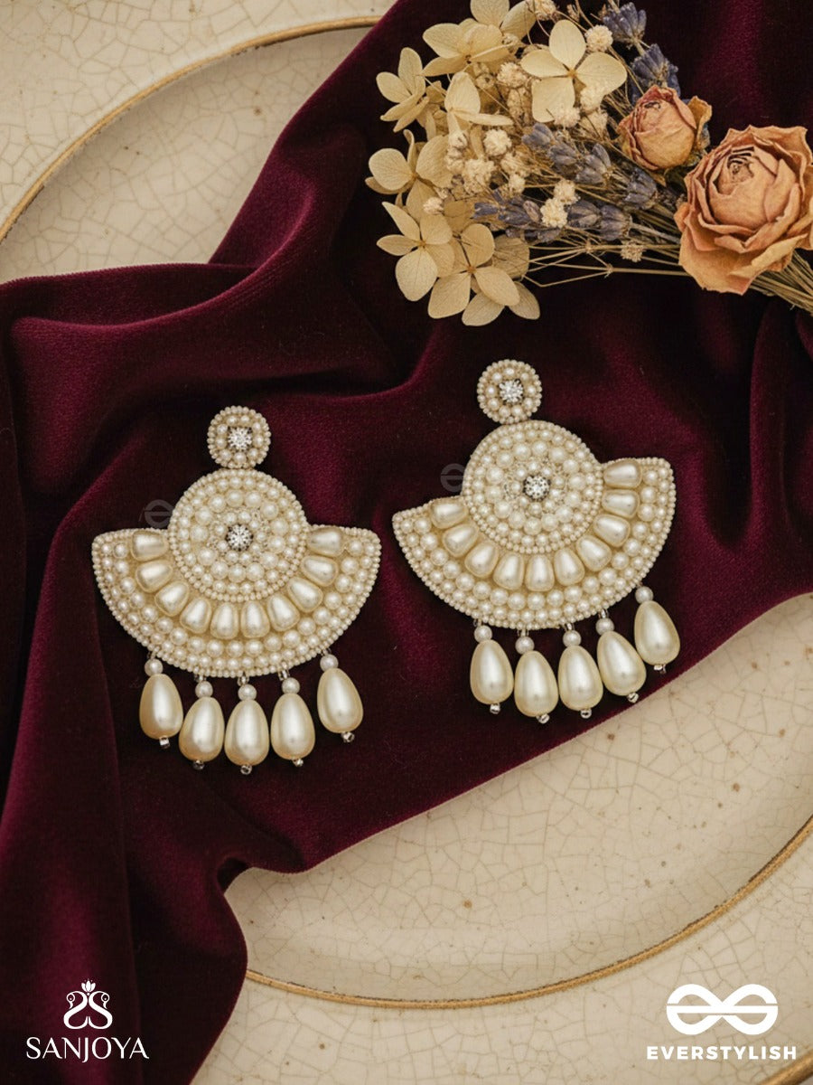 Suramya- The Picturesque Crescent- White Beads And Stone Embroidered Earrings
