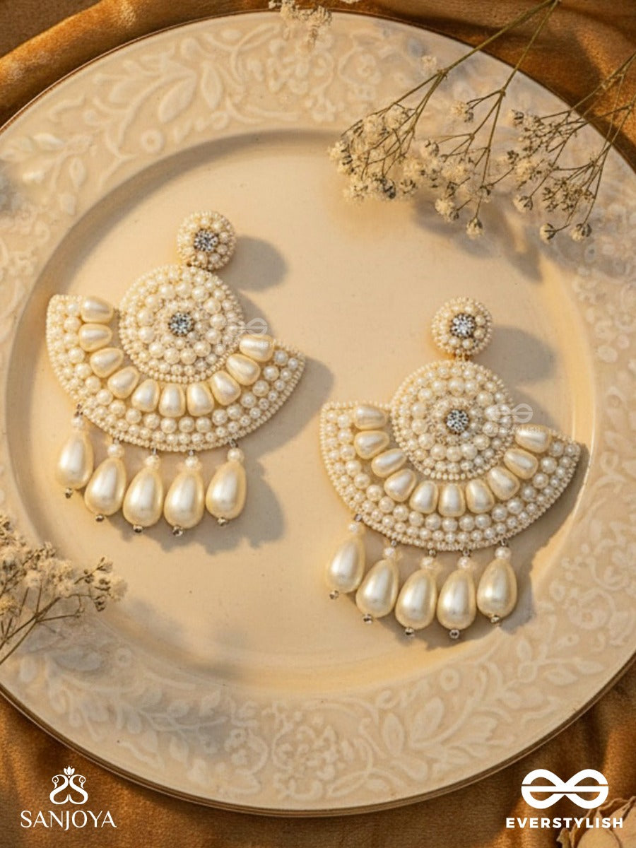 Suramya- The Picturesque Crescent- White Beads And Stone Embroidered Earrings