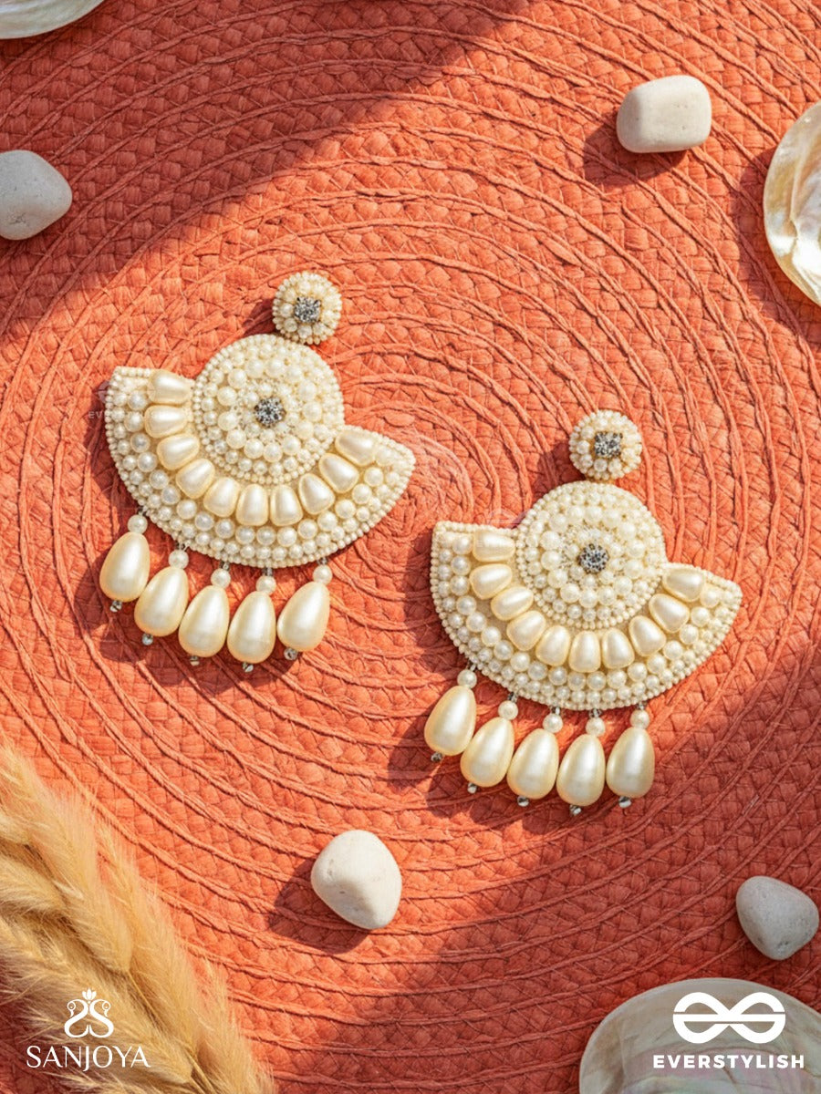 Suramya- The Picturesque Crescent- White Beads And Stone Embroidered Earrings