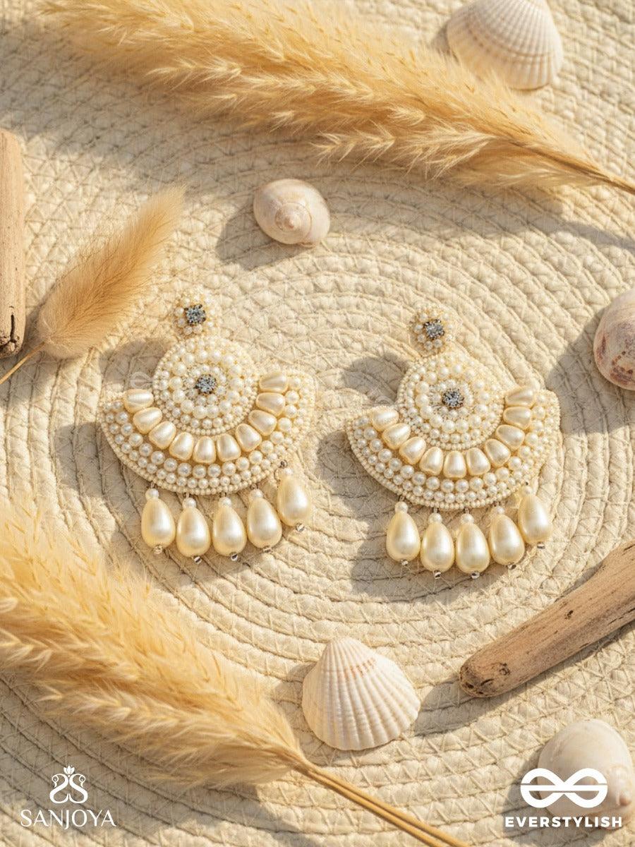 Suramya- The Picturesque Crescent- White Beads And Stone Embroidered Earrings