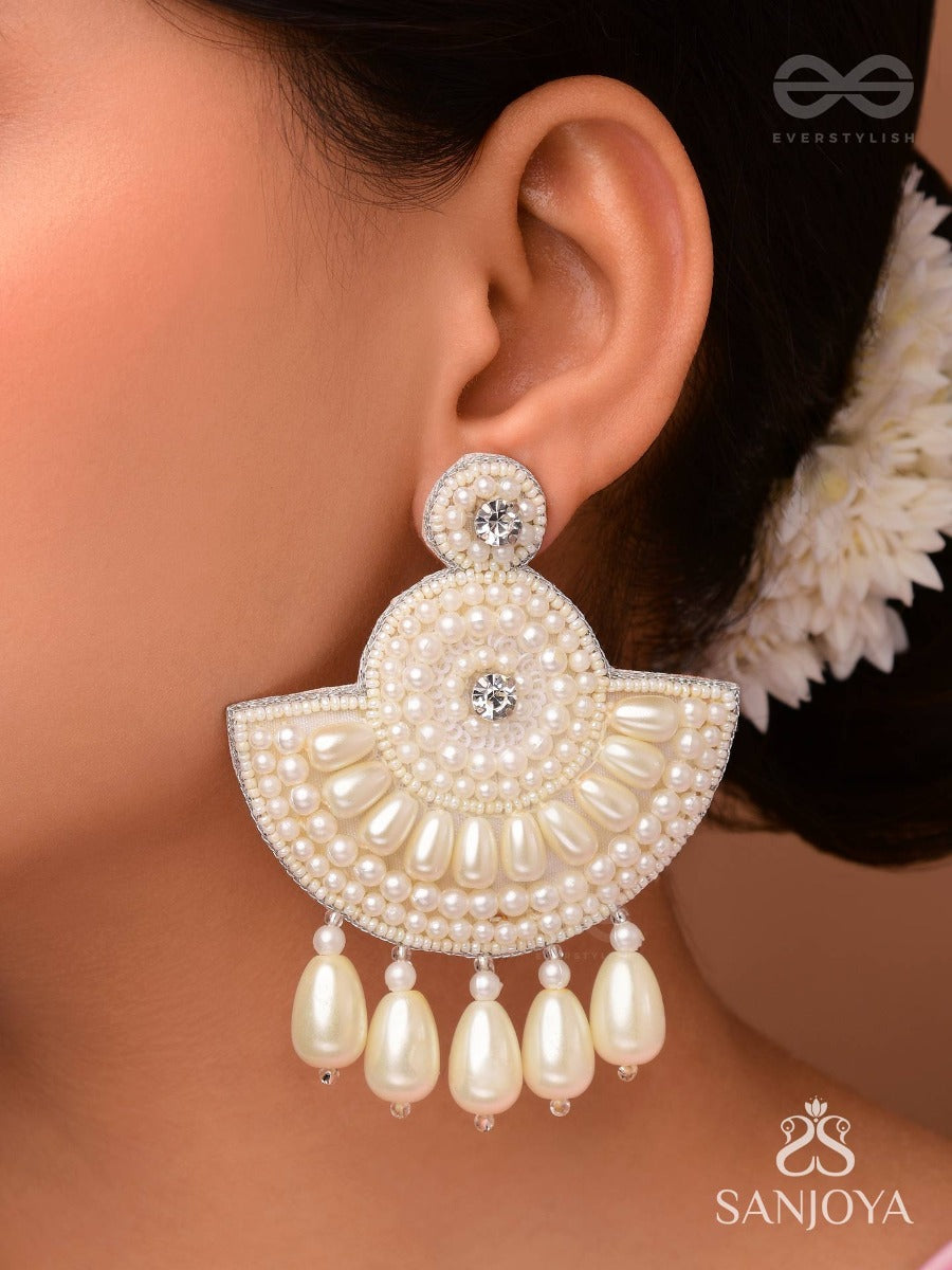 Suramya- The Picturesque Crescent- White Beads And Stone Embroidered Earrings