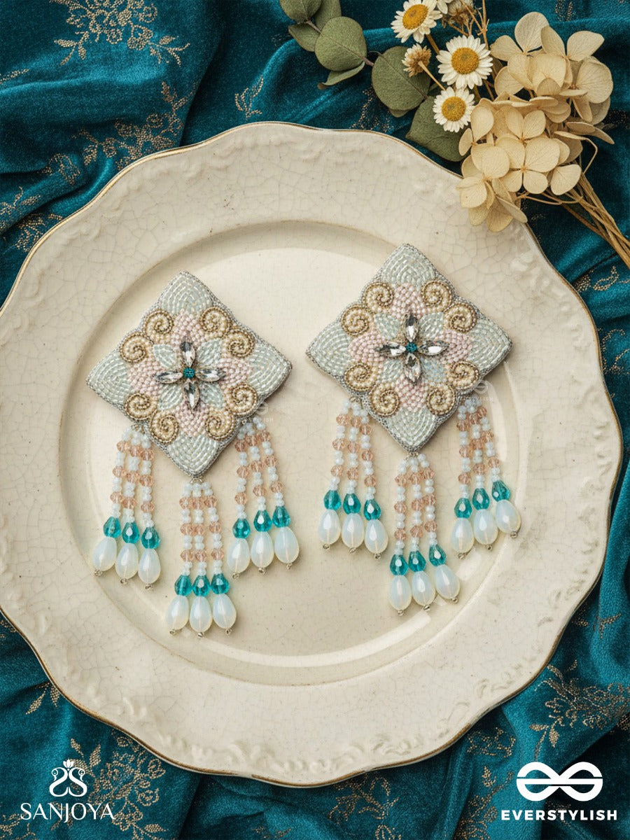 Vivarta - The Blue Sky - Stones, Glass Drops And Glass Beads Hand Embroidered Earrings