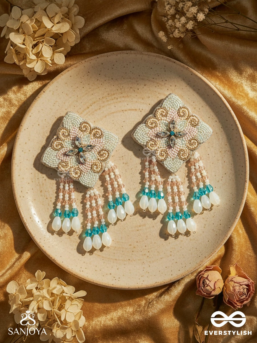 Vivarta - The Blue Sky - Stones, Glass Drops And Glass Beads Hand Embroidered Earrings
