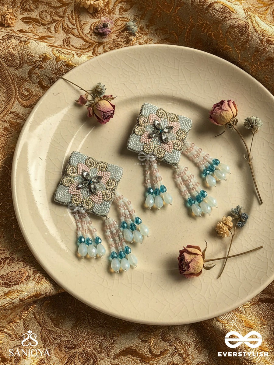Vivarta - The Blue Sky - Stones, Glass Drops And Glass Beads Hand Embroidered Earrings