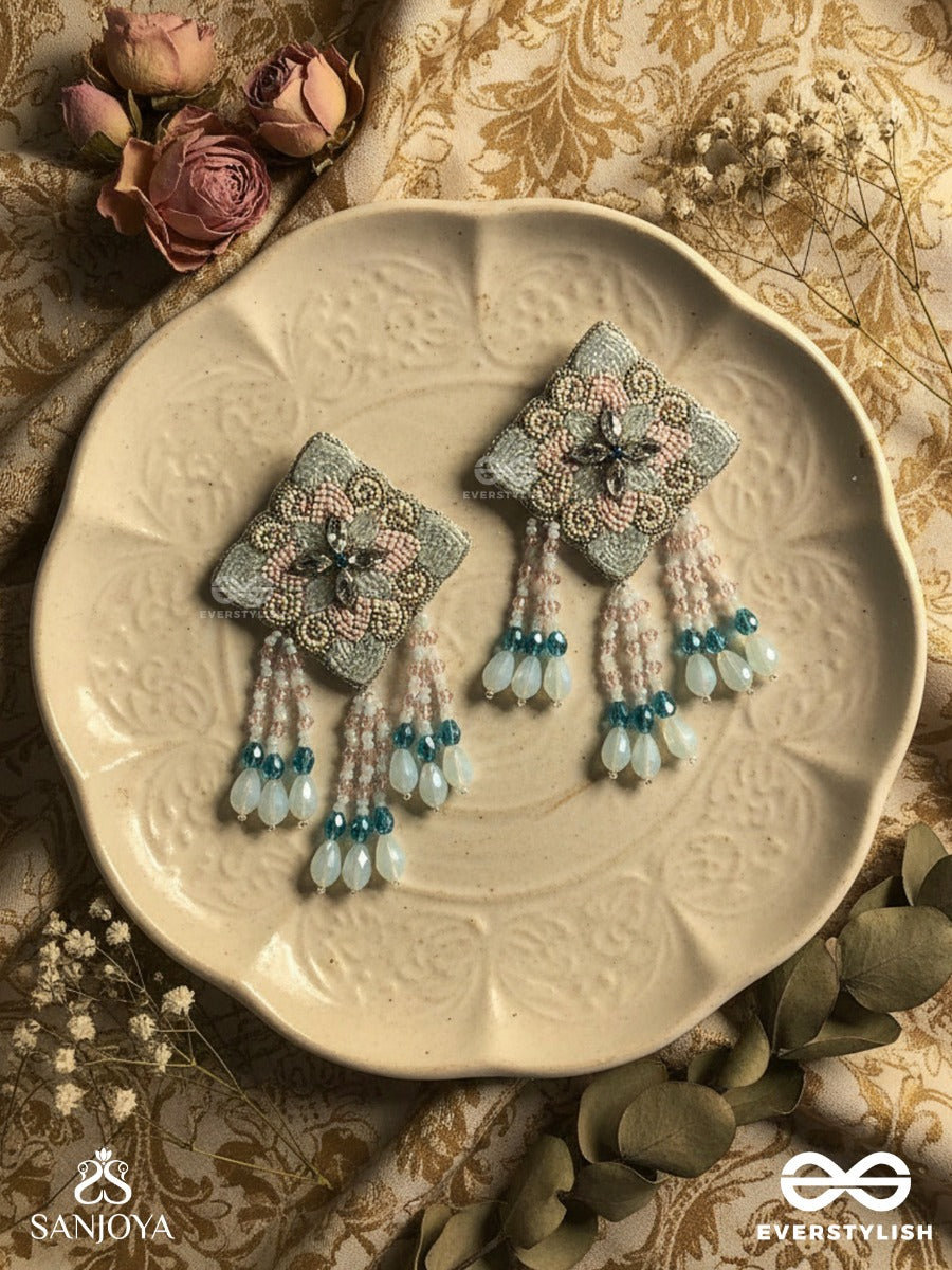 Vivarta - The Blue Sky - Stones, Glass Drops And Glass Beads Hand Embroidered Earrings