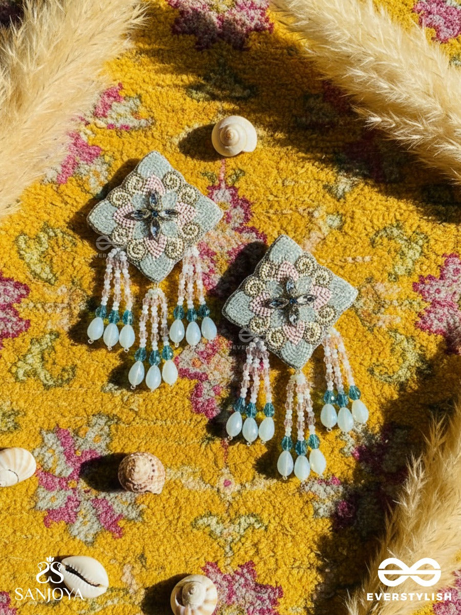 Vivarta - The Blue Sky - Stones, Glass Drops And Glass Beads Hand Embroidered Earrings