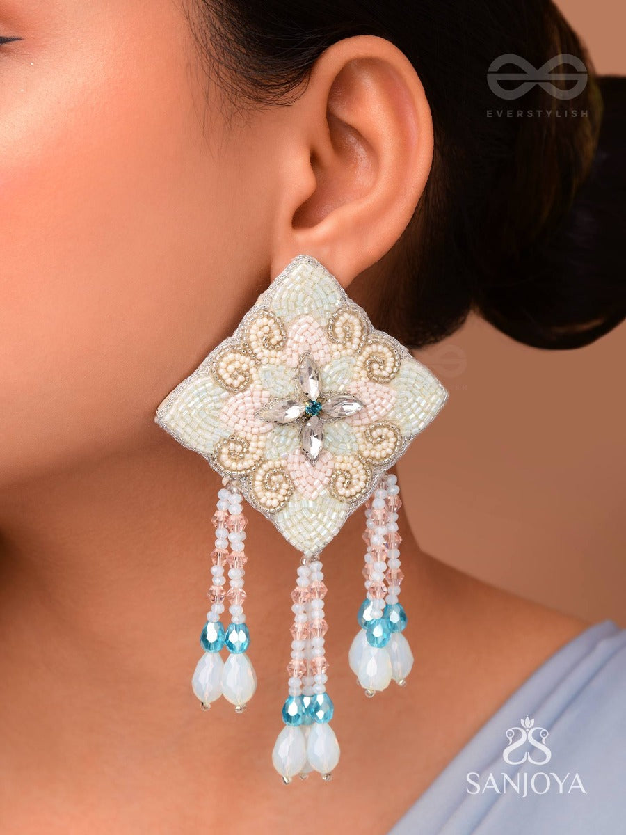 Vivarta - The Blue Sky - Stones, Glass Drops And Glass Beads Hand Embroidered Earrings