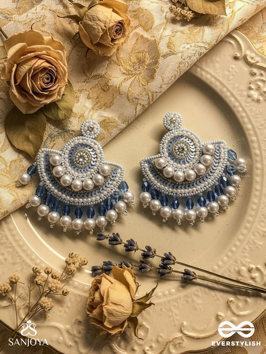 Suramya- The Picturesque Crescent- Sequins, Glass Beads And Stone Embroidered Earrings (Cobalt Blue)