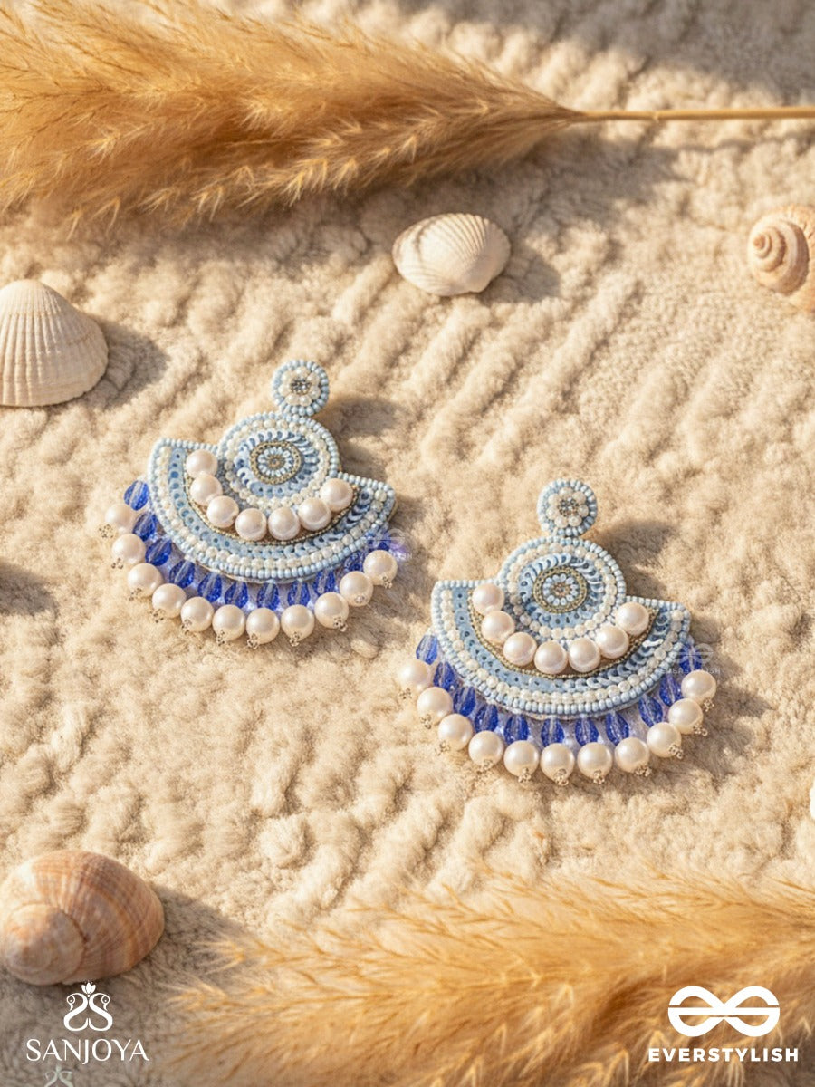 Suramya- The Picturesque Crescent- Sequins, Glass Beads And Stone Embroidered Earrings (Cobalt Blue)