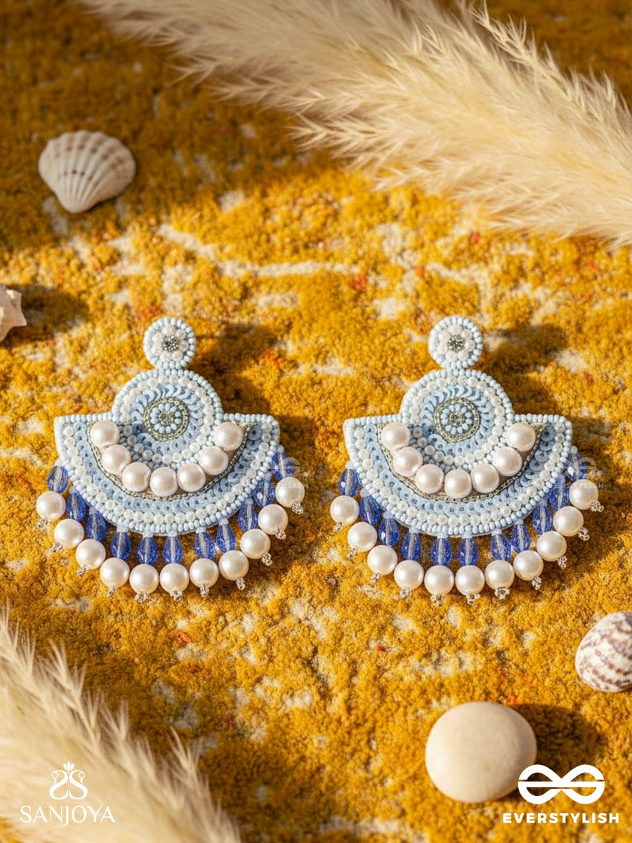 Suramya- The Picturesque Crescent- Sequins, Glass Beads And Stone Embroidered Earrings (Cobalt Blue)