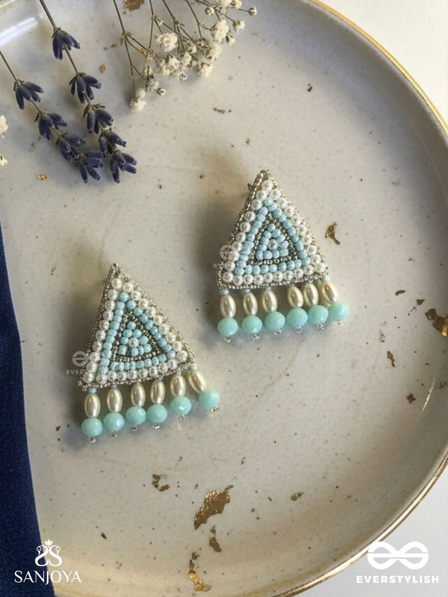 Suchyagra- The Eternal Pyramid- Pearls, Beads And Glass Beads Embroidered Earrings (Sky Blue)