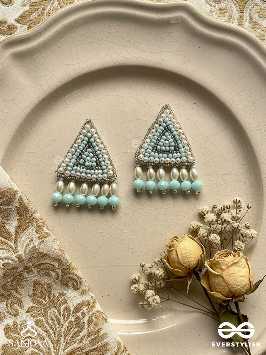 Suchyagra- The Eternal Pyramid- Pearls, Beads And Glass Beads Embroidered Earrings (Sky Blue)