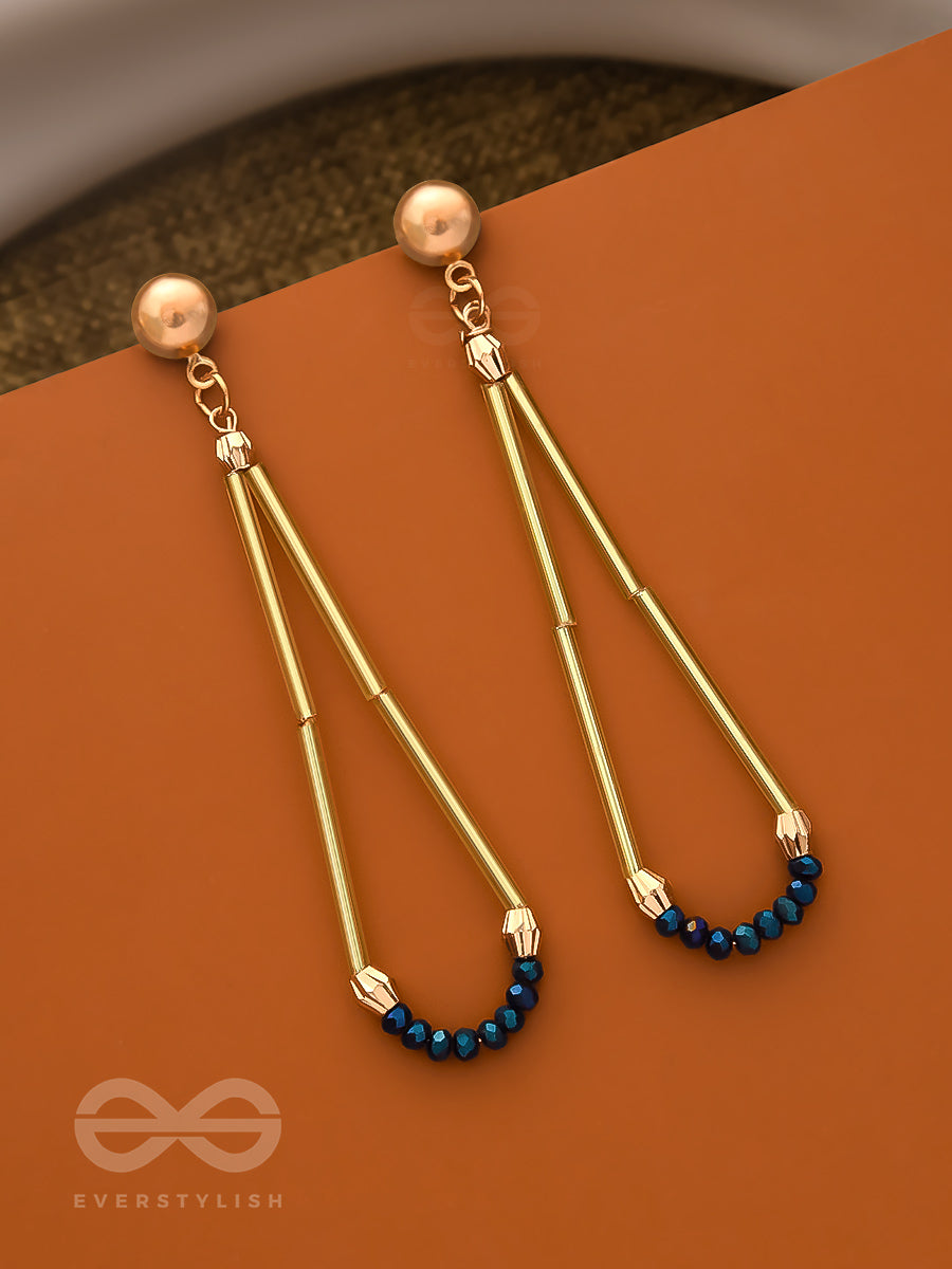 The Flaming Raindrop- Golden And Cobalt Blue Earrings