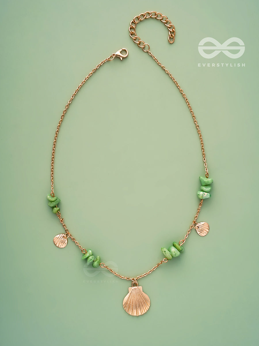Shells N Pebbles- Golden And Olive Green Stone Necklace With Anti-Tarnish Coating