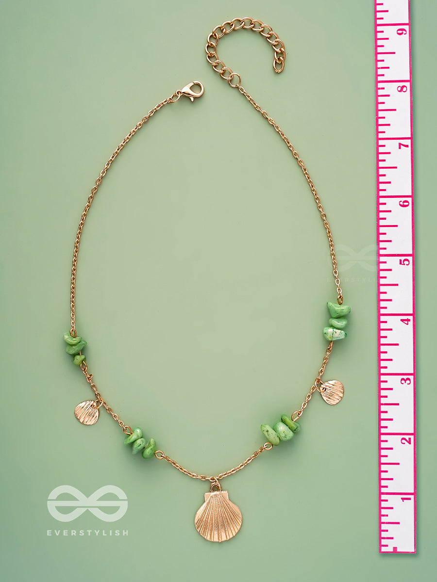 Shells N Pebbles- Golden And Olive Green Stone Necklace With Anti-Tarnish Coating