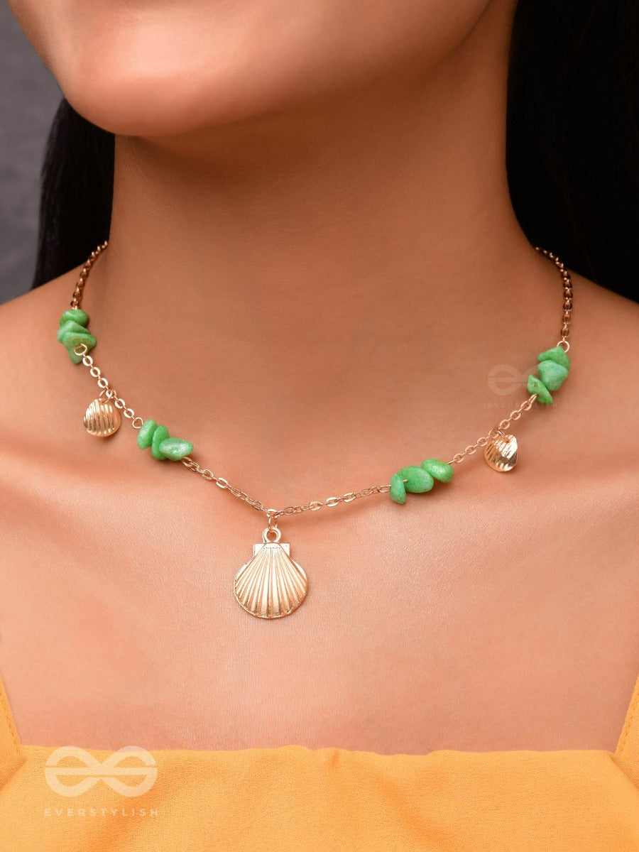 Shells N Pebbles- Golden And Olive Green Stone Necklace With Anti-Tarnish Coating