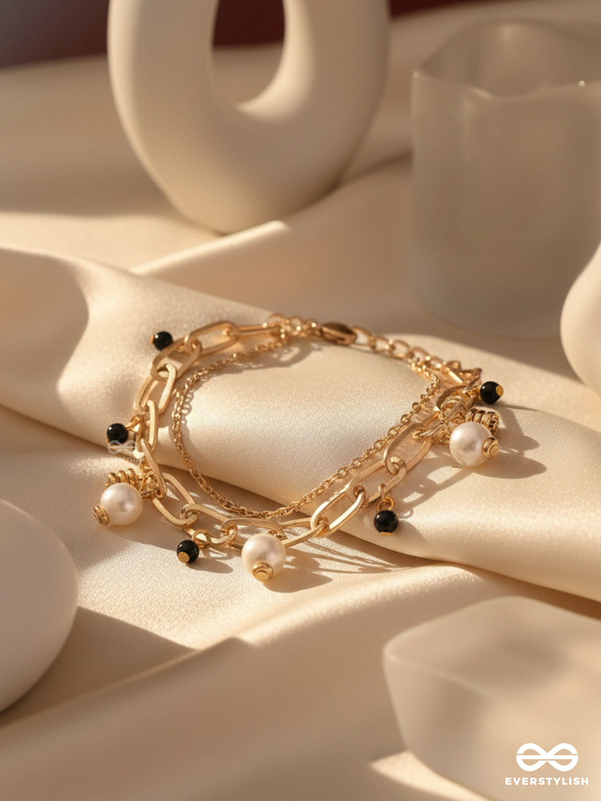 Dark And Light- Golden Layered Pearl Bracelet