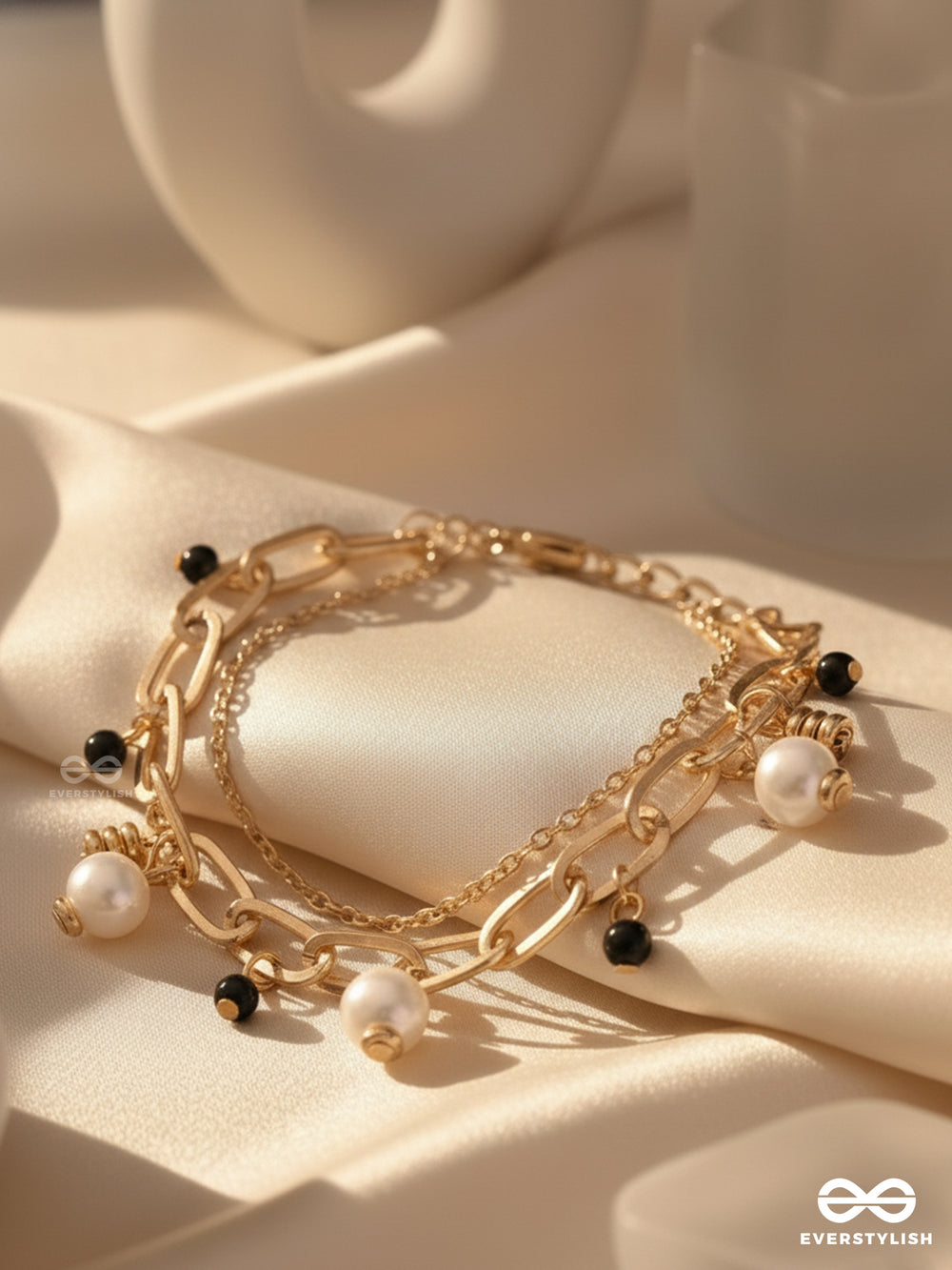 Dark And Light- Golden Layered Pearl Bracelet