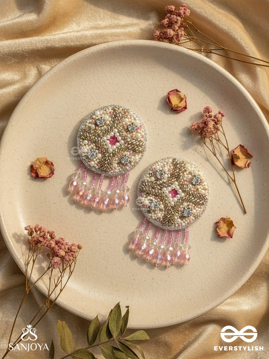 Tarani- The Pink Allure- Pearl, Resham And Stones Embroidered Earrings