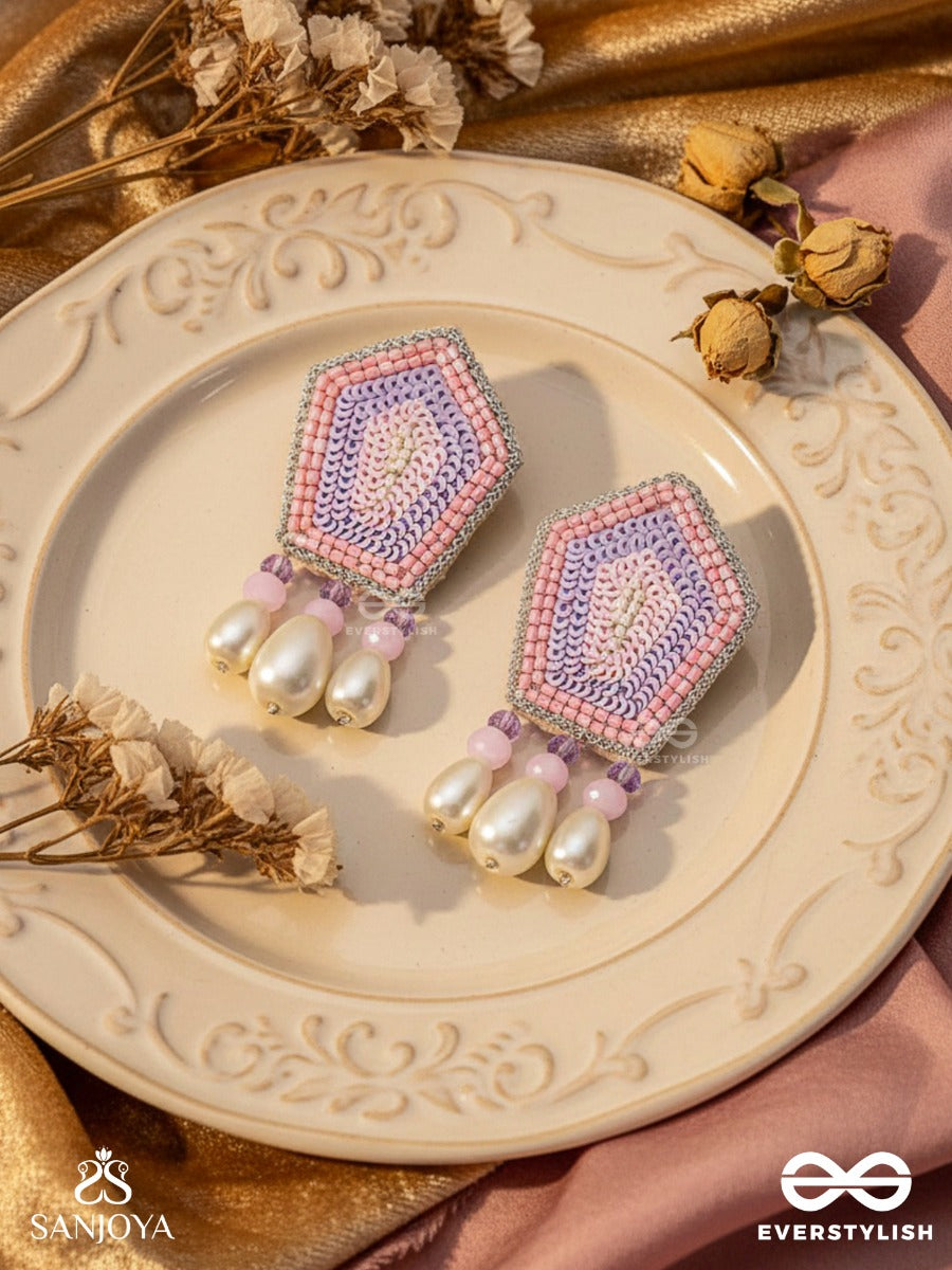 Abhedya- The Radiant Diamond- Sequins, Pearls And Glass Beads Embroidered Earrings (Rose Pink)