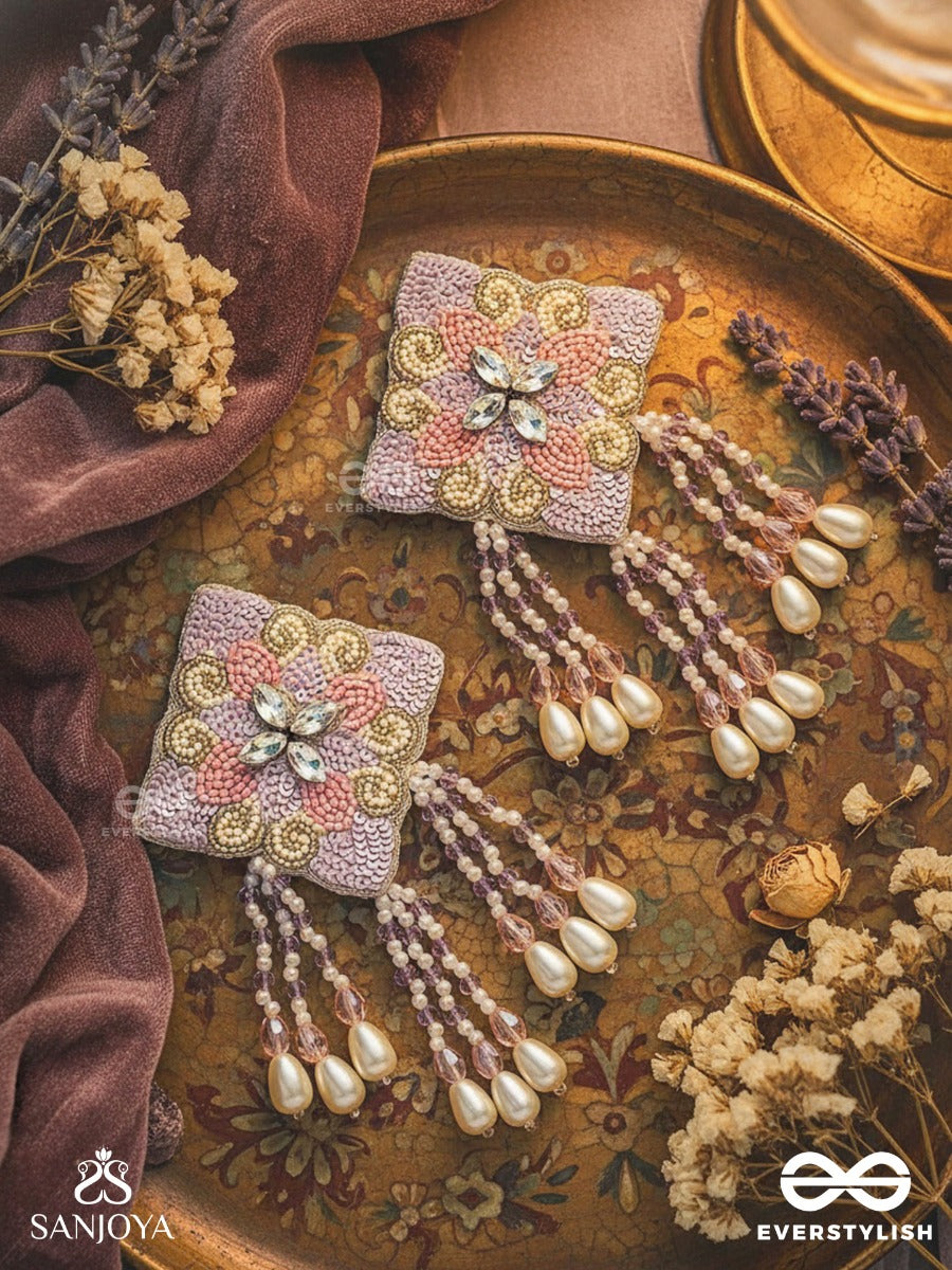 Chatushka- The Graceful Square- Sequins, Stones And Glass Beads Embroidered Earrings