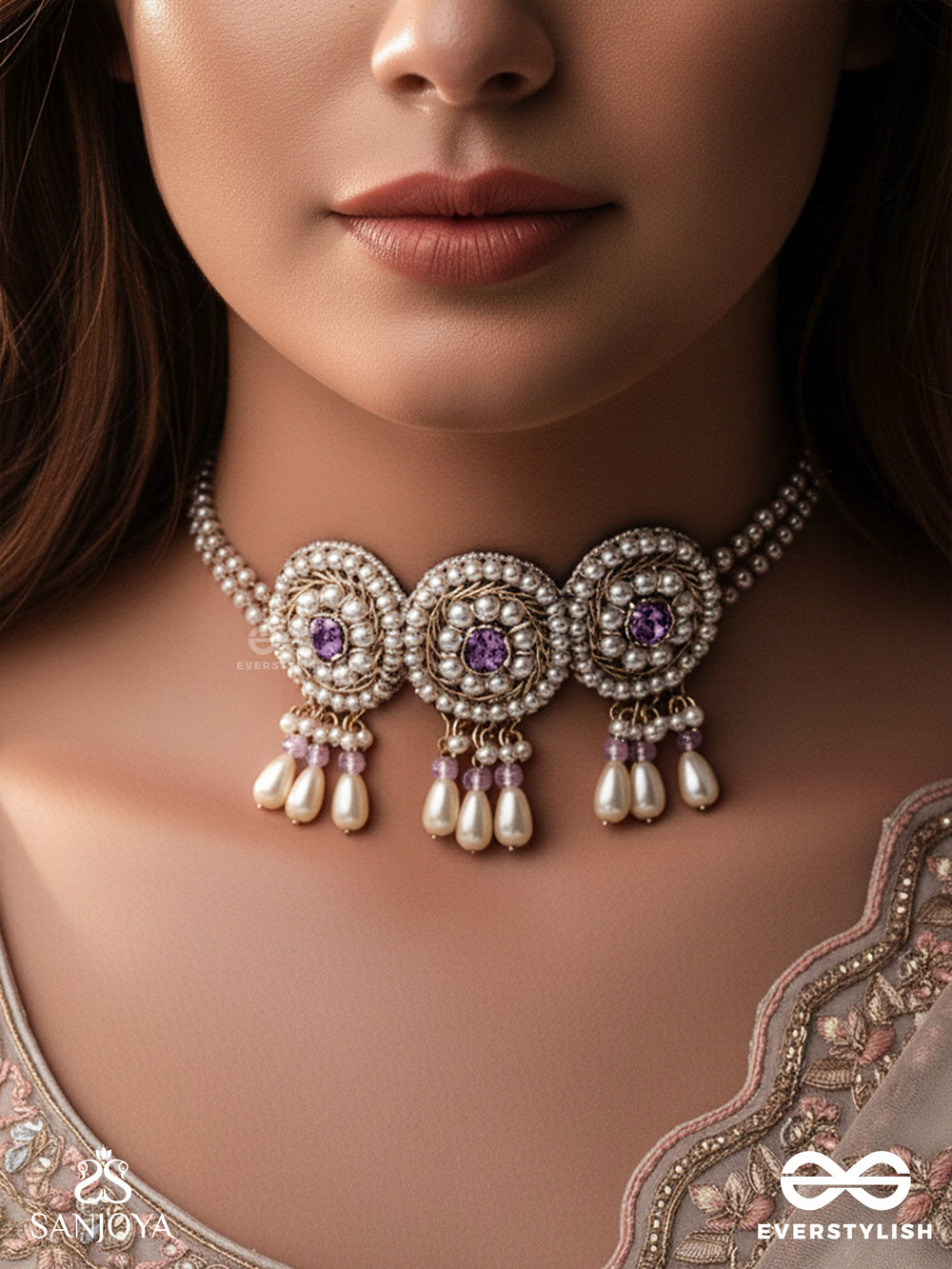 Prasidika- The Beautiful Garden- Stones And Pearls Embroidered Necklace