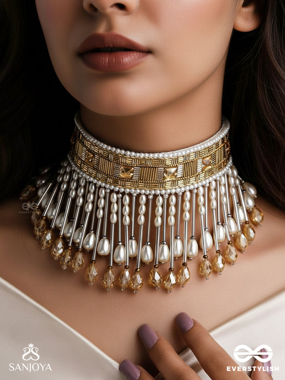 Anshumali- The Sunny Sky- Stones, Pearls And Glass Beads Embroidered Choker Necklace