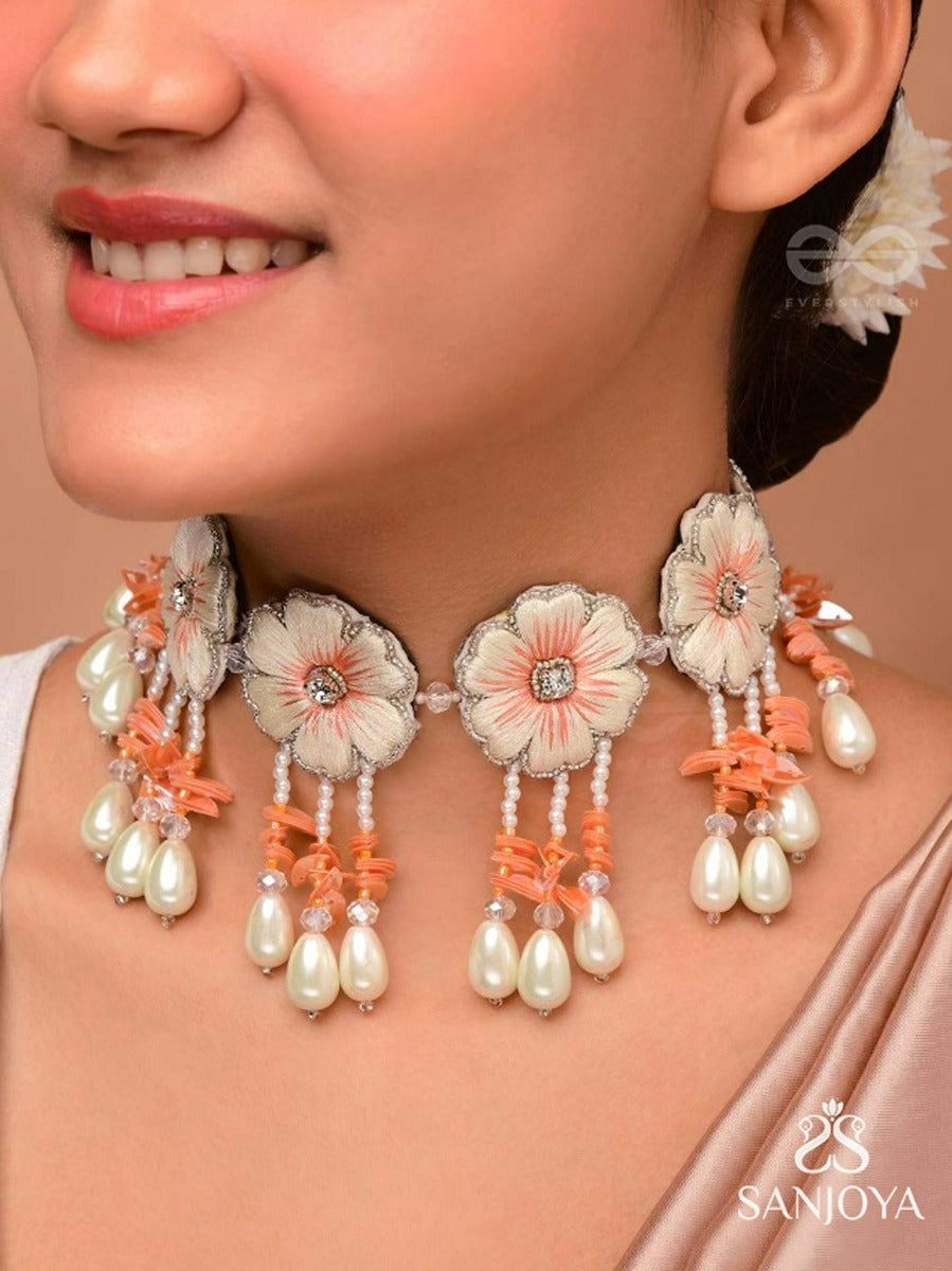 Vinirmita- The Beautiful Garden- Resham, Pearls And Stones Embroidered Choker Necklace
