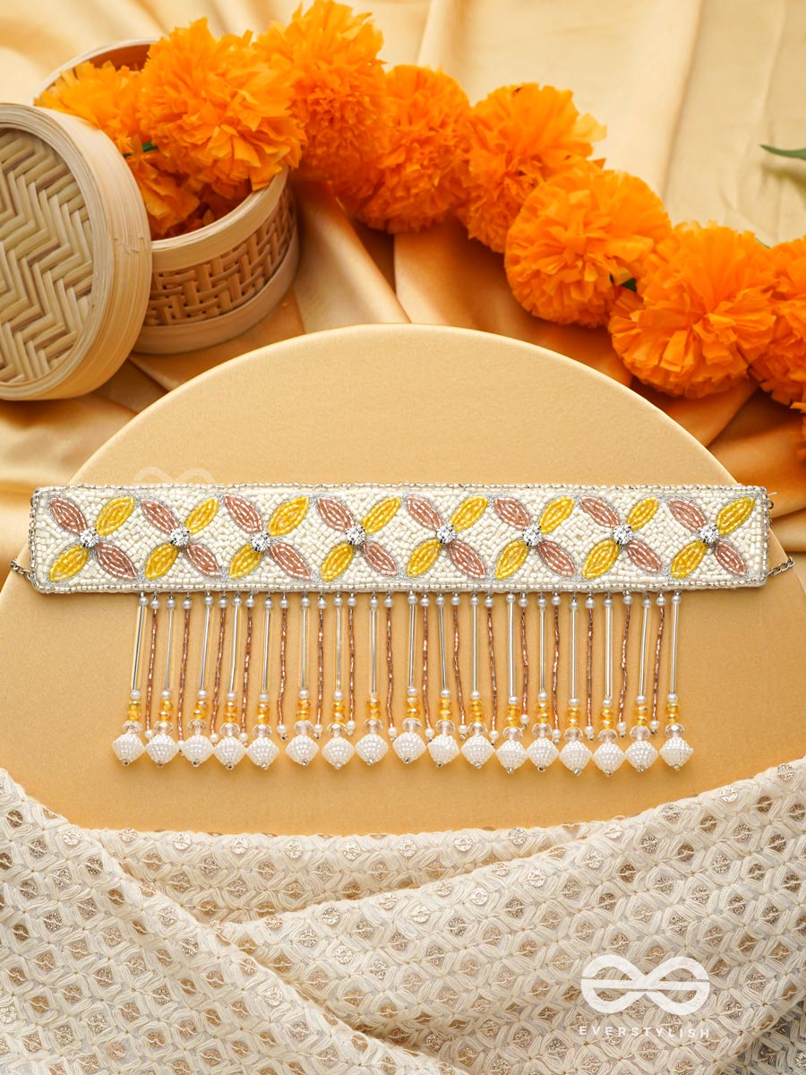 Ajathya- The Yellow Jasmine- Stones And Glass Beads Embroidered Choker Necklace