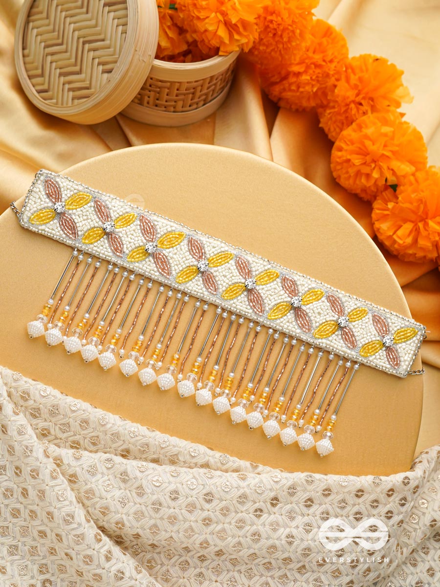 Ajathya- The Yellow Jasmine- Stones And Glass Beads Embroidered Choker Necklace