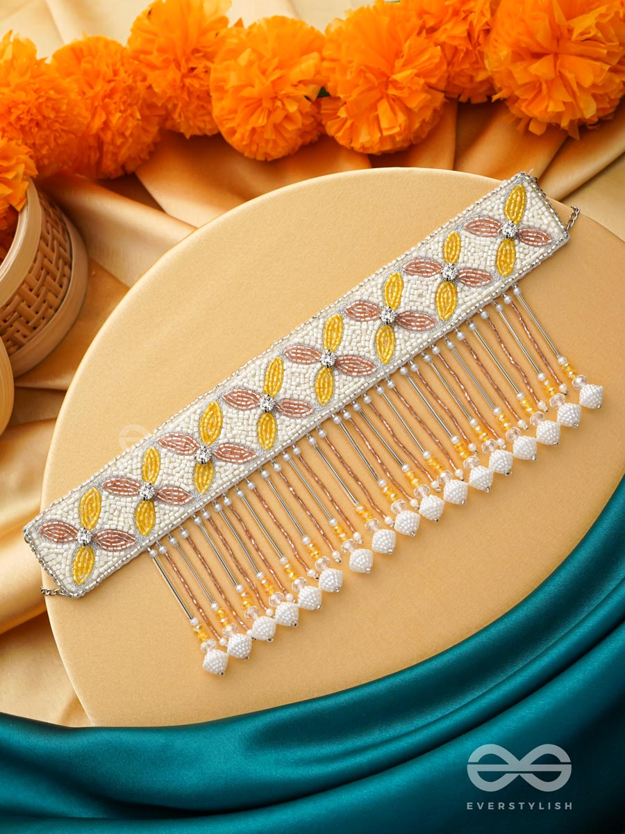 Ajathya- The Yellow Jasmine- Stones And Glass Beads Embroidered Choker Necklace