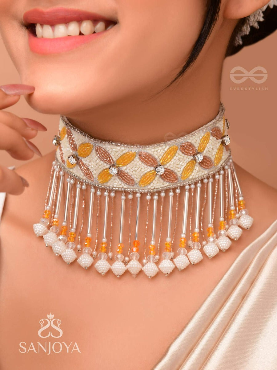 Ajathya- The Yellow Jasmine- Stones And Glass Beads Embroidered Choker Necklace