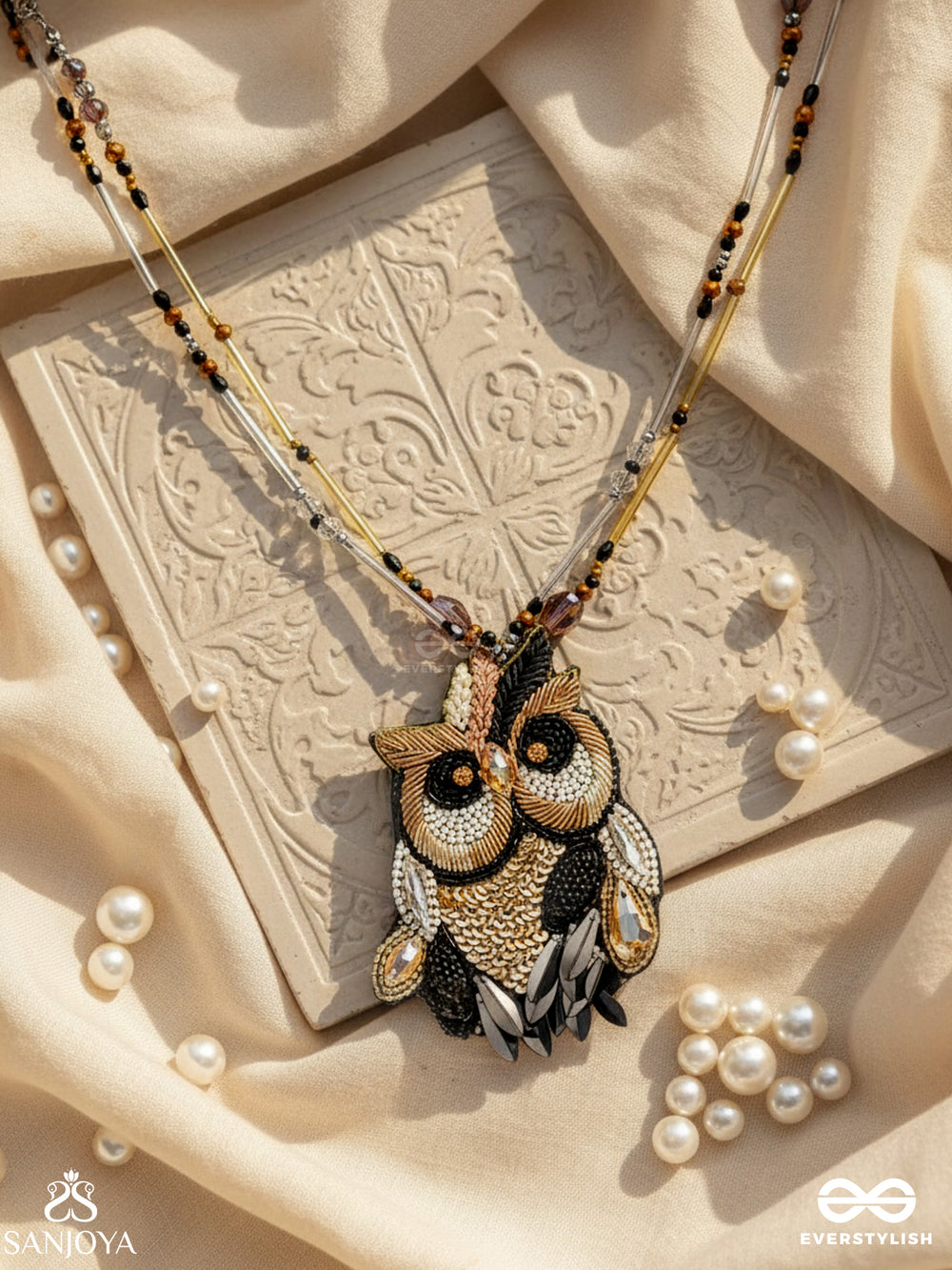 Shakuneya - The Owl King - Sequins And Cutdana Hand Embroidered Necklace (Ebony Black And Golden)