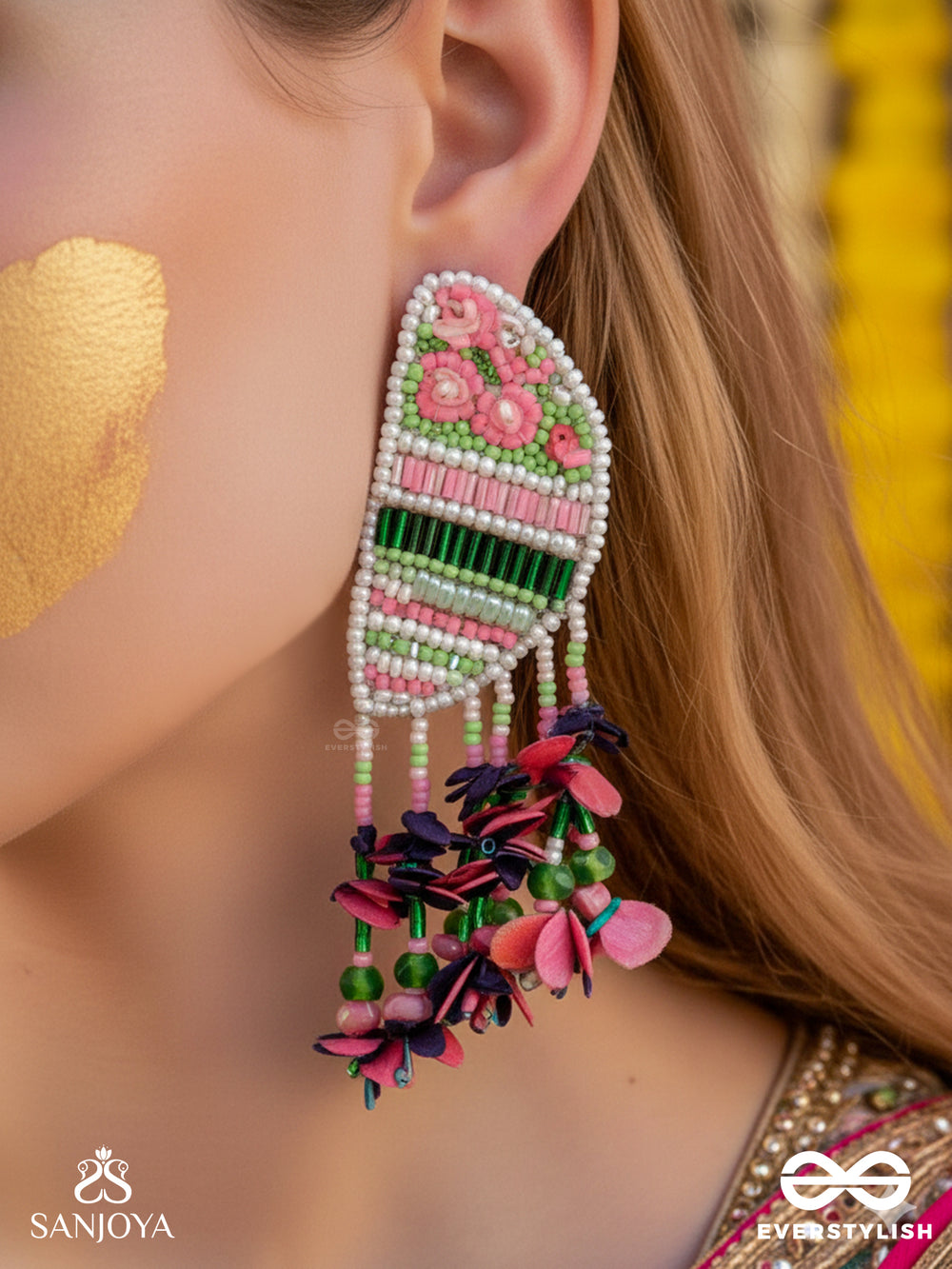 Unmish - The Budding Blossoms - Beads, Cutdana And Sequins Hand Embroidered Earrings