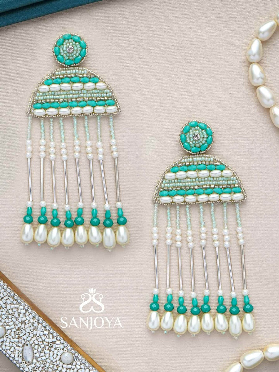 Kamsya- The Beautiful Bell- Swarovski, Pearls And Glass Beads Embroidered Earrings