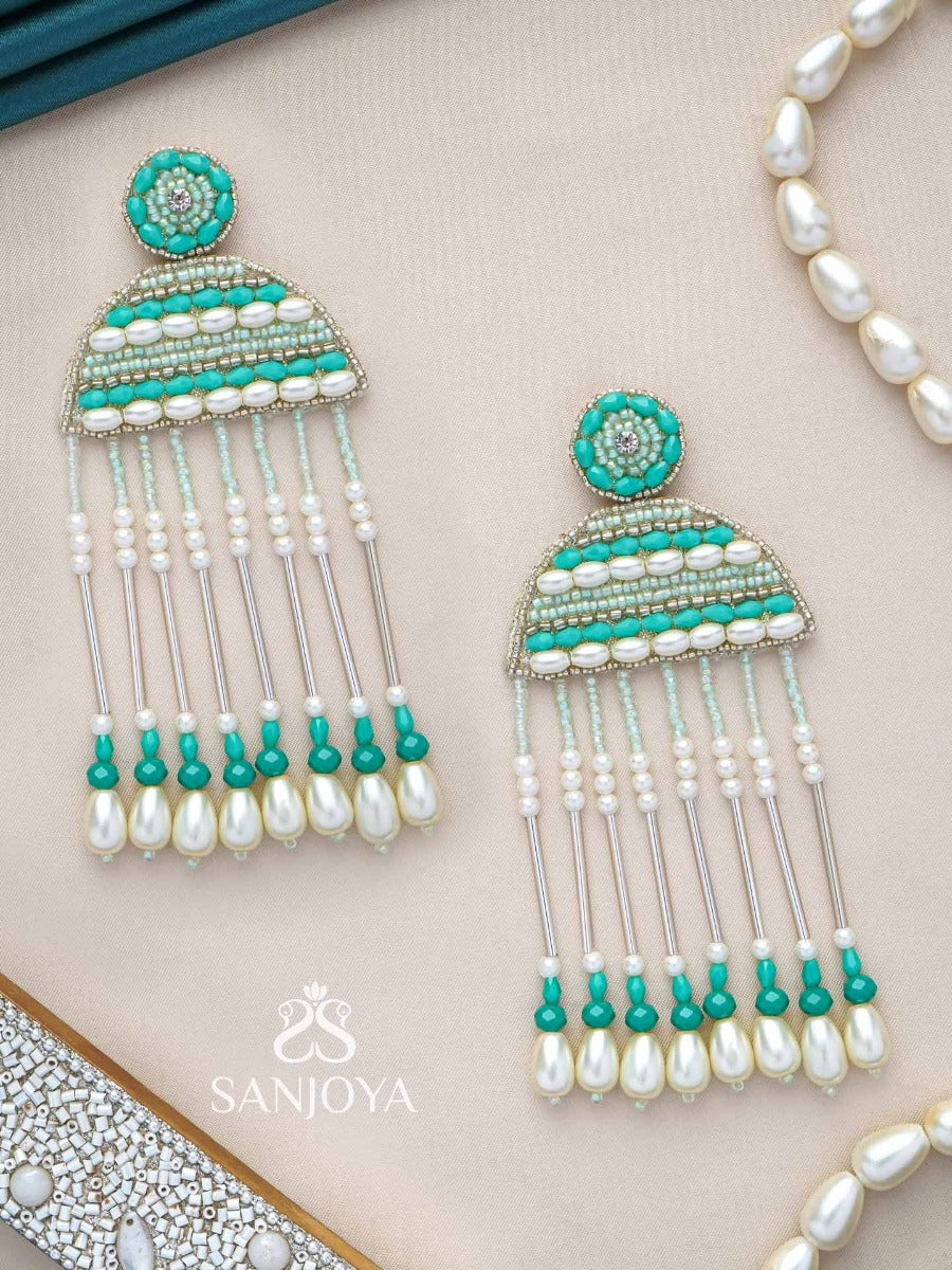 Kamsya- The Beautiful Bell- Swarovski, Pearls And Glass Beads Embroidered Earrings
