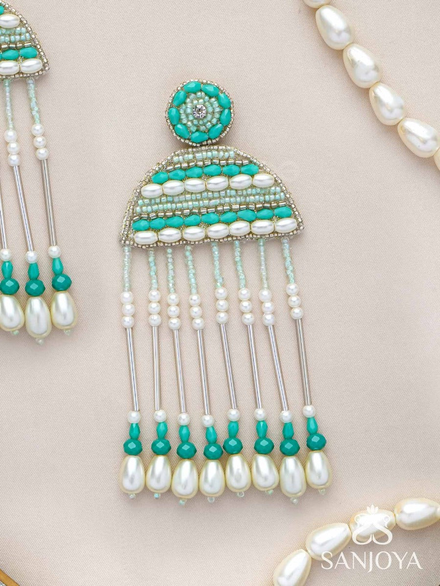 Kamsya- The Beautiful Bell- Swarovski, Pearls And Glass Beads Embroidered Earrings
