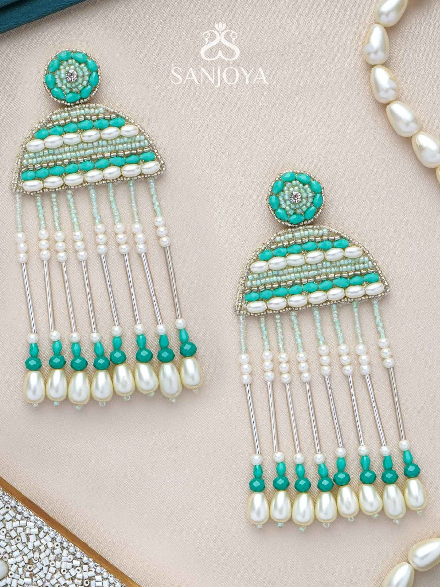 Kamsya- The Beautiful Bell- Swarovski, Pearls And Glass Beads Embroidered Earrings