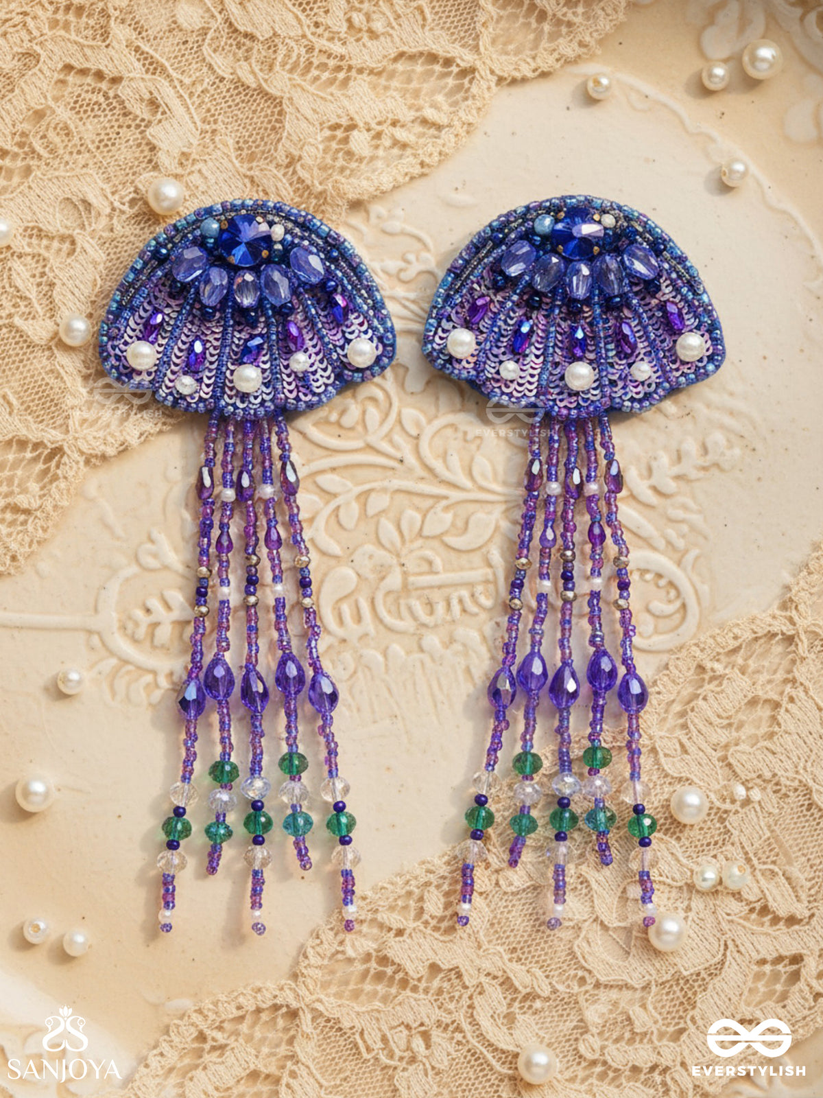 Nidusha- The Enigmatic Fish - Stones And Sequins Embroidered Earrings