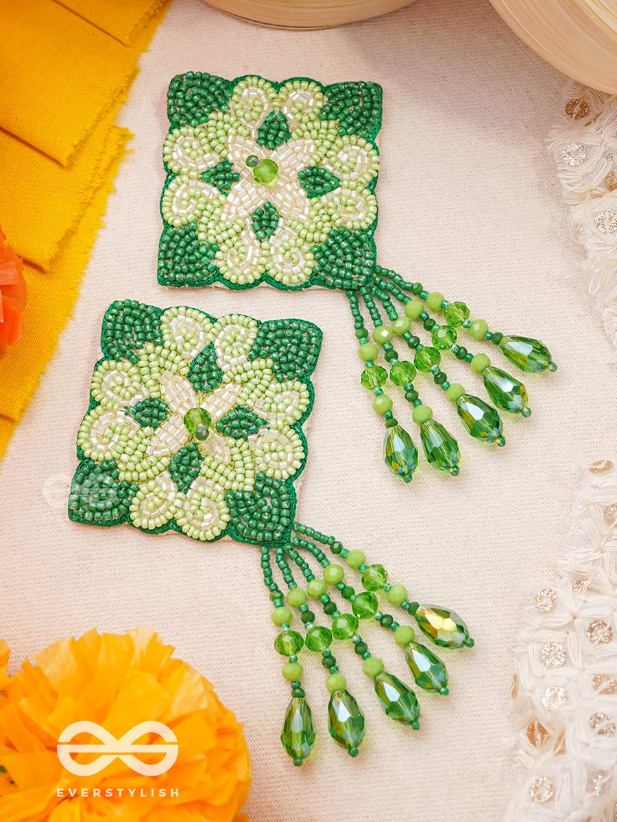 Anupta- The Green Meadow- Stone And Beads Embroidered Earrings