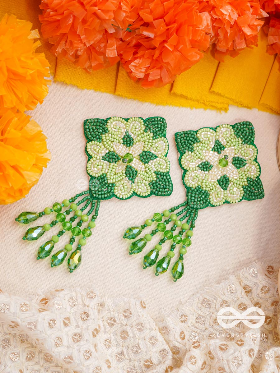 Anupta- The Green Meadow- Stone And Beads Embroidered Earrings