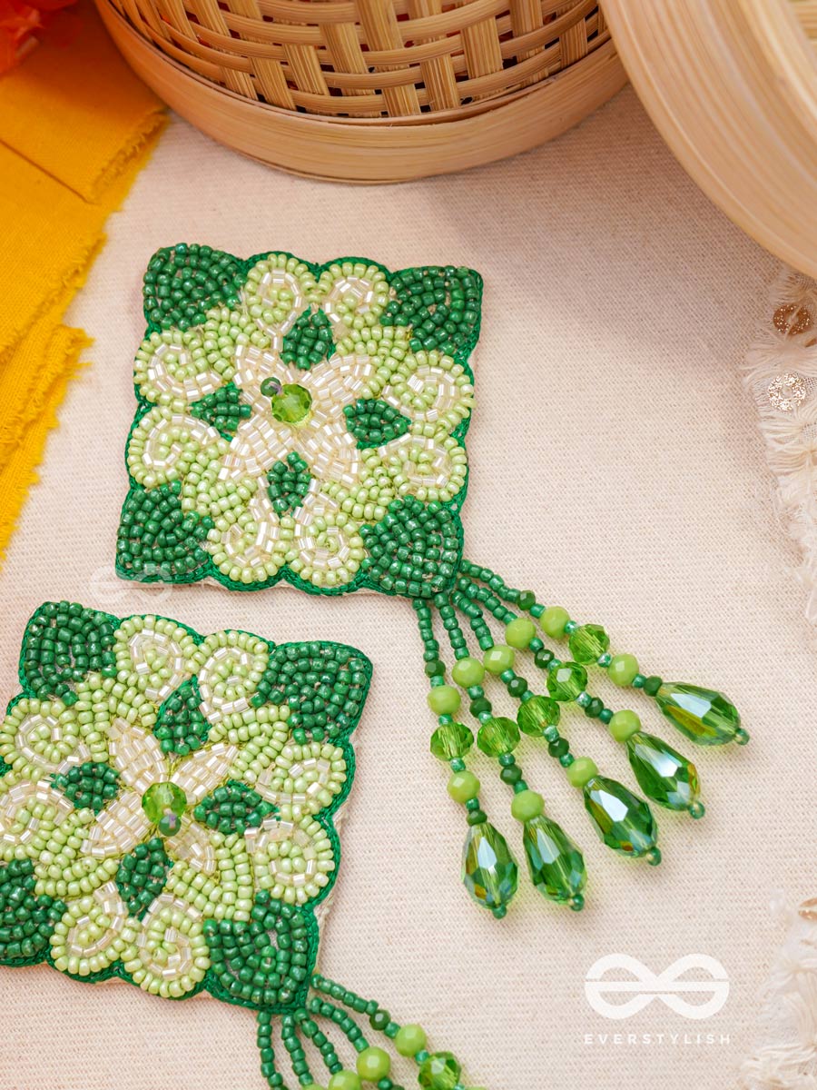 Anupta- The Green Meadow- Stone And Beads Embroidered Earrings