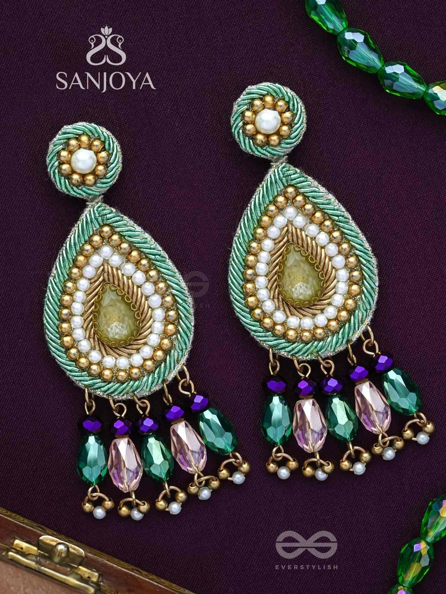 Vishyanda - The Aqua Drop - Beads, Dabka And Stones Hand Embroidered Earrings