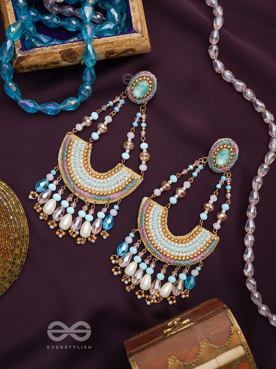 Sinivali- The Beautiful Crescent- Stone And Glass Bead Embroidered Earrings