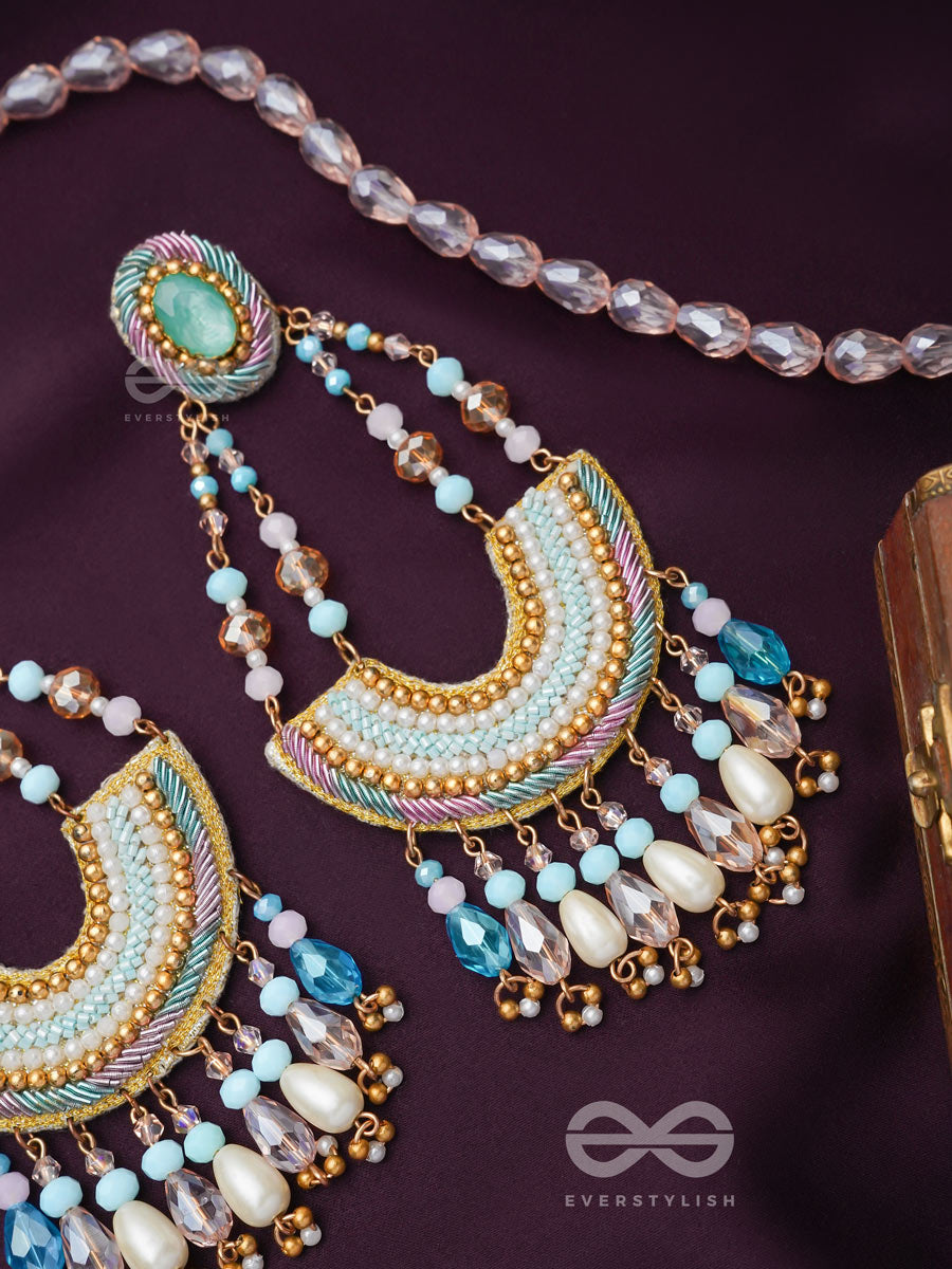 Sinivali- The Beautiful Crescent- Stone And Glass Bead Embroidered Earrings