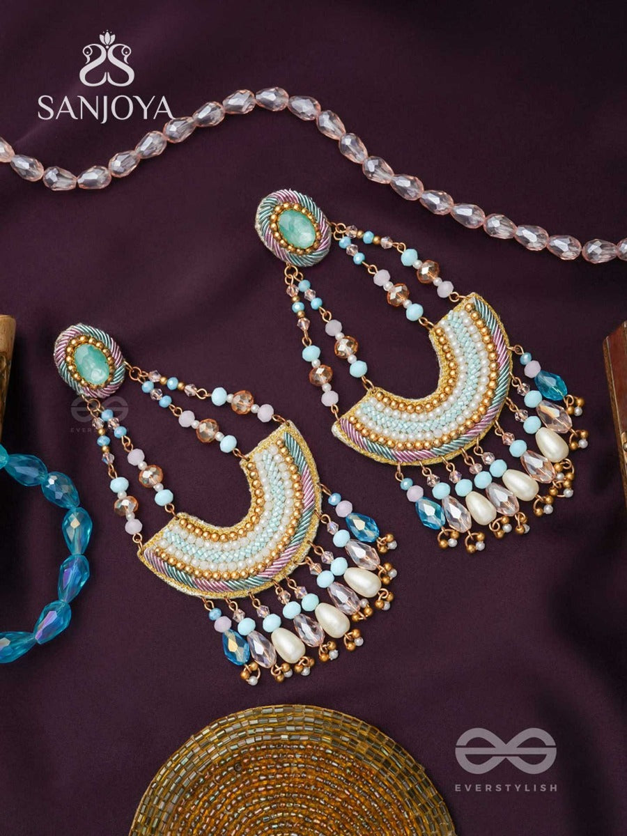 Sinivali- The Beautiful Crescent- Stone And Glass Bead Embroidered Earrings