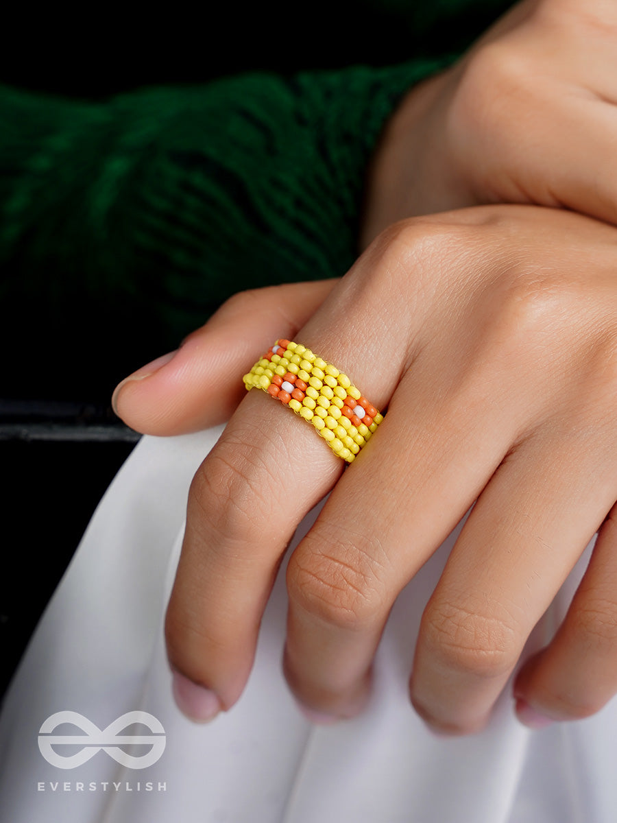 The Flower Meadow- Stretchable Yellow And Red Beaded Ring