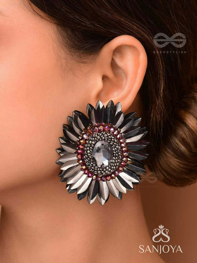 Nishapushpa – Night Blossom – Statement Stud Earrings With Smoky Black Petal-Like Elements, A Faceted Grey Centre Stone, Deep Wine Beadwork And Textured Gunmetal-Tone Detailing