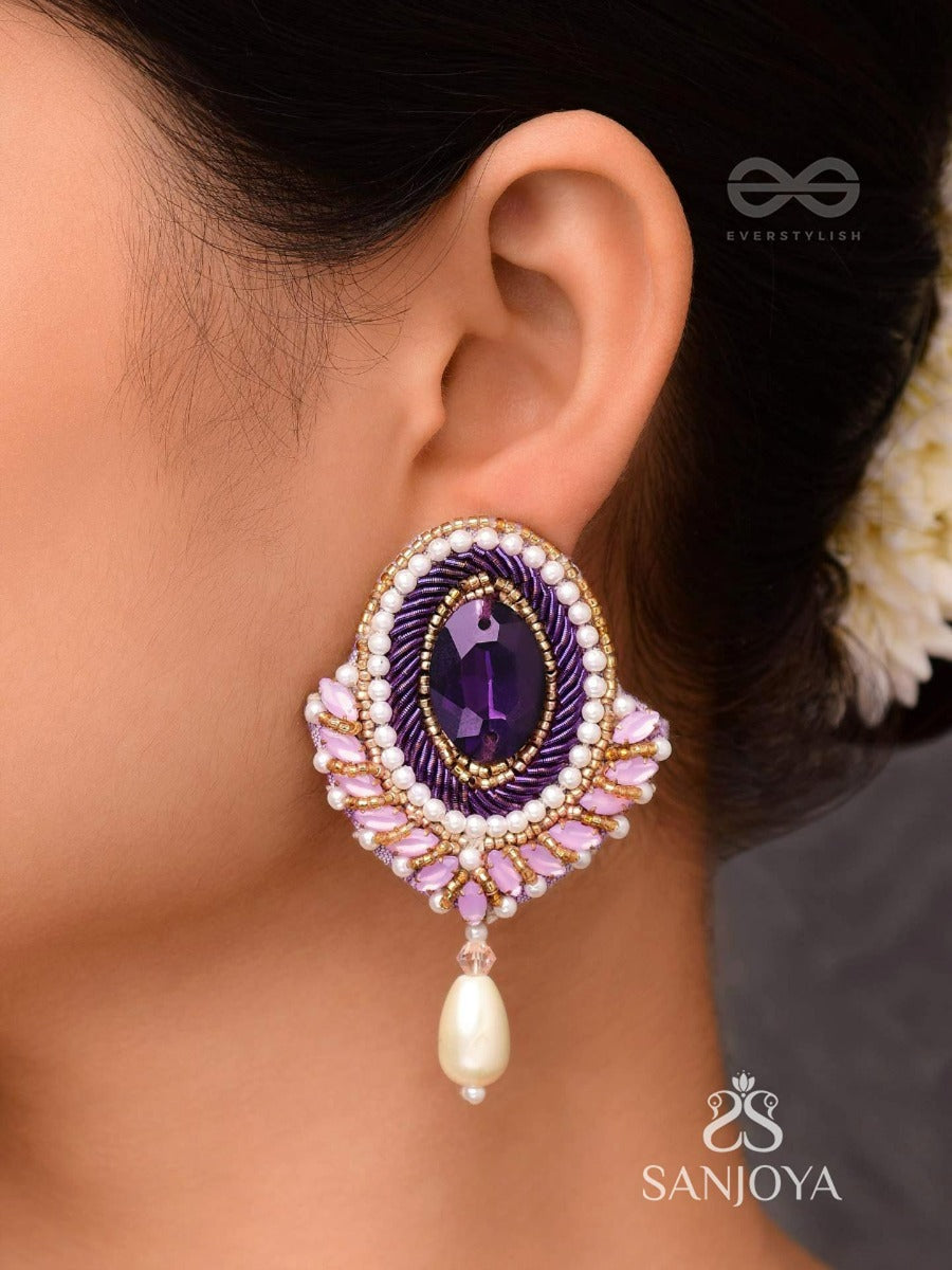 Vilohita - The Purple Elegance - Stones, Dabka And Pearl Drop Hand Embroidered Earrings